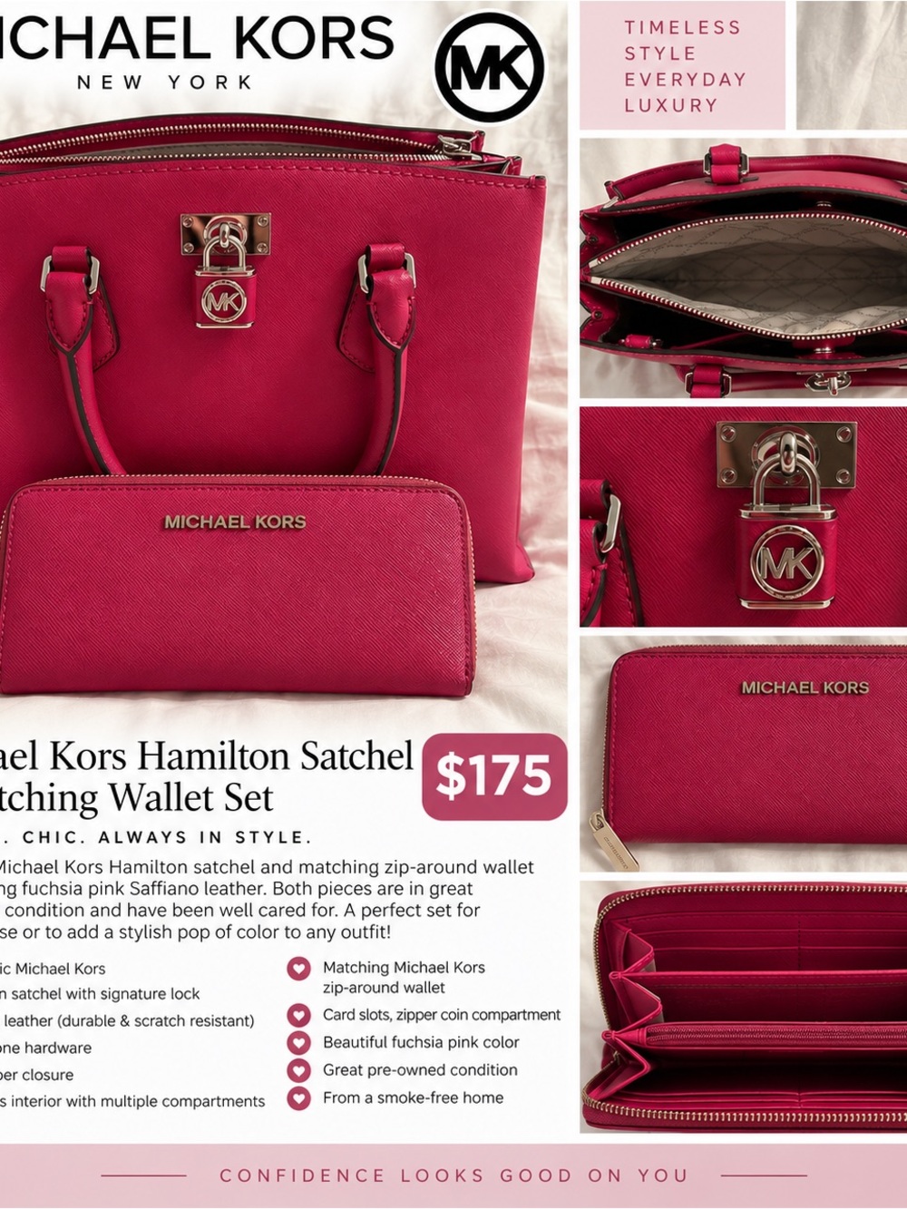 Michael Kors Hot Pink Saffiano Leather Satchel with MK Lock
